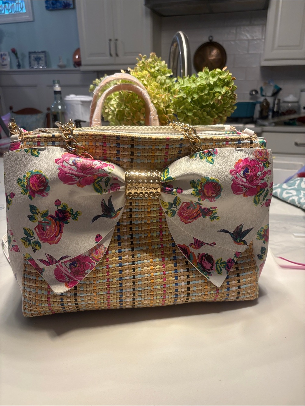 Betsey Johnson Cream Floral Bow Satchel with Yellow Woven Body